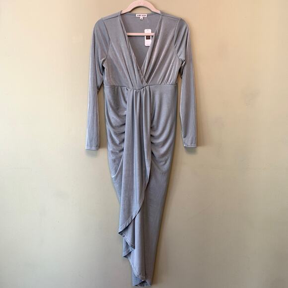 Bump Biddy Dress Maternity M Blue-Gray Drape Jersey Maxi V-Neck Long Sleeves New - Picture 1 of 11